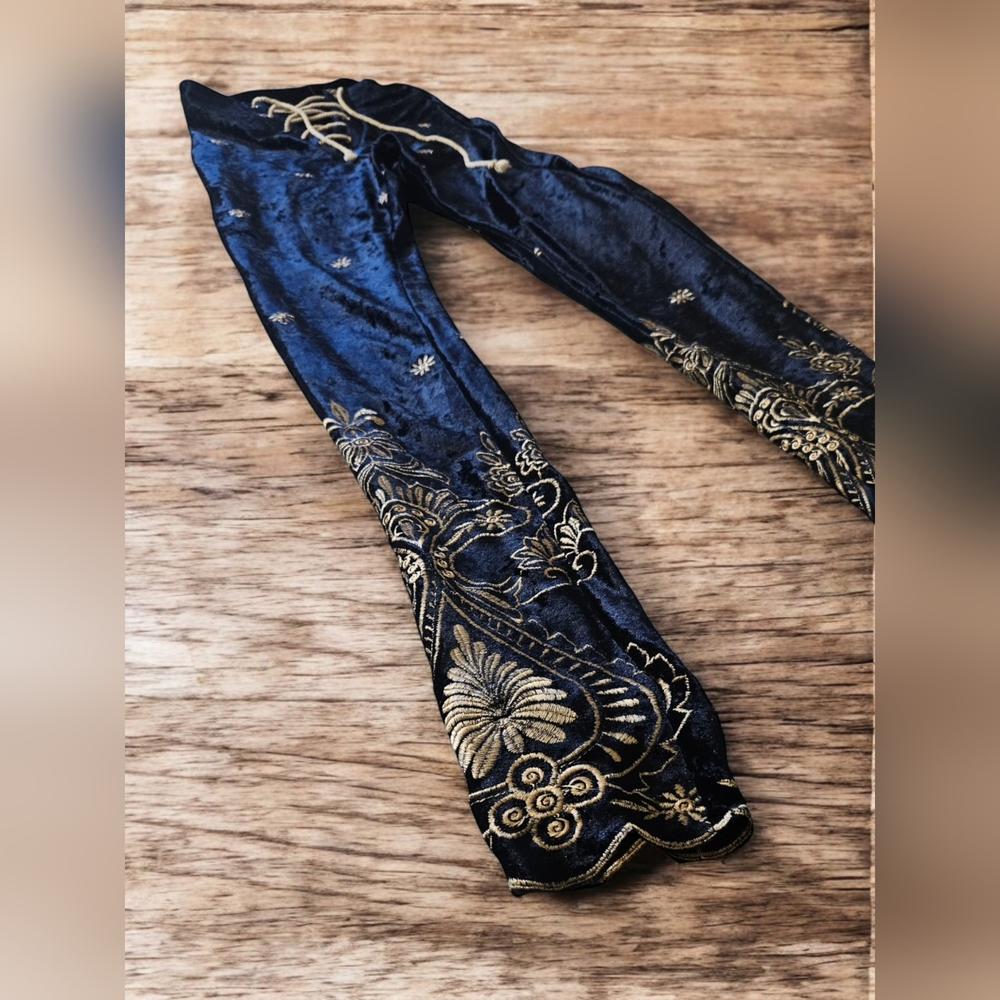 Velvet Embroidered Navy Leggings with Gold Detail